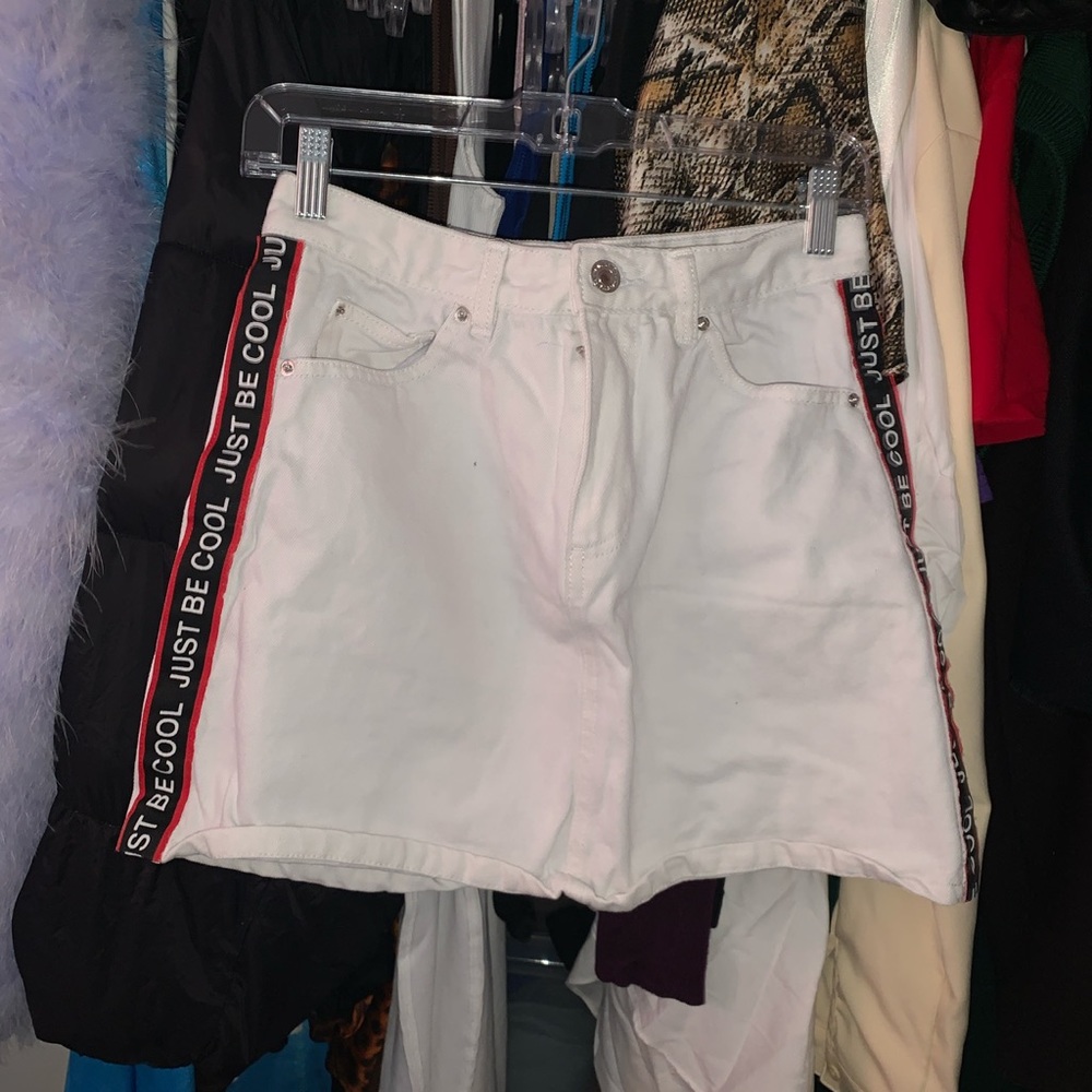 White Denim Skirt with Black, Red Side Detail